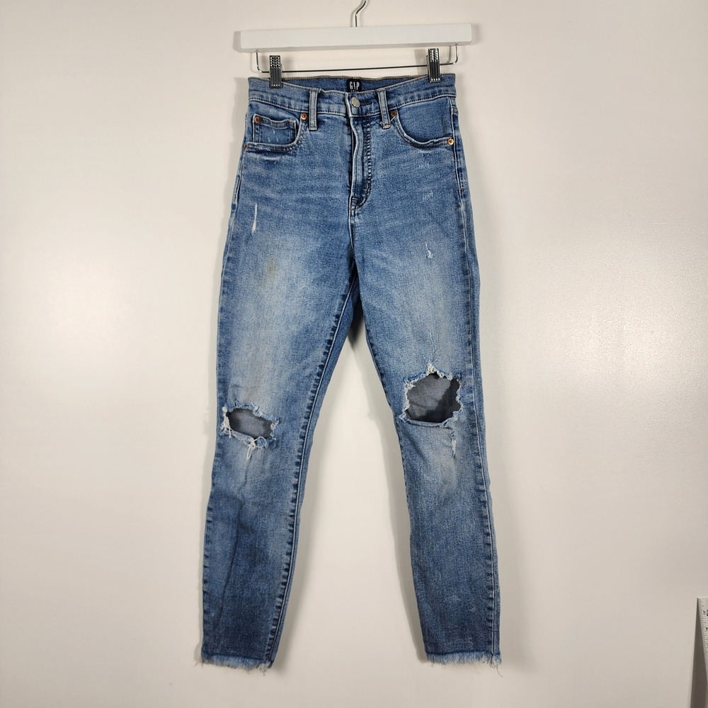 Gap True Skinny Jeans Womens 2/26 Blue Distressed High Rise Raw Hem